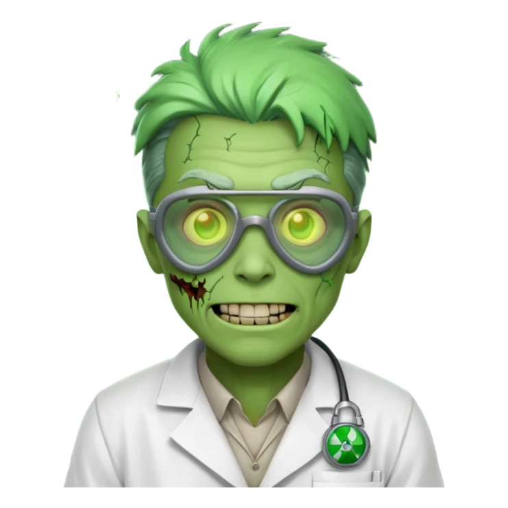 radioactive zombie scientist portrait, head and shoulders only, glowing toxic veins, cracked goggles, lab coat with radiation badge, sinister smile, 3D cartoon, mobile game icon style, clean background, no text, no watermark
 sticker