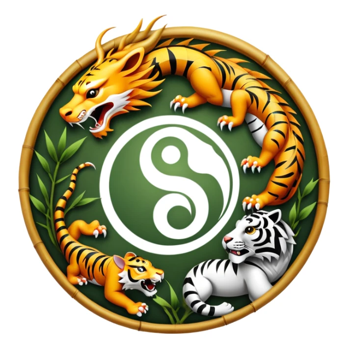 An icon symbolizing Eastern martial arts in the style of an emblem, featuring a black-and-white Yin-Yang symbol, a dragon, and a tiger. The dragon and tiger represent strength and agility, surrounding the symbol. Traditional elements like bamboo add to the design. Transparent background. sticker