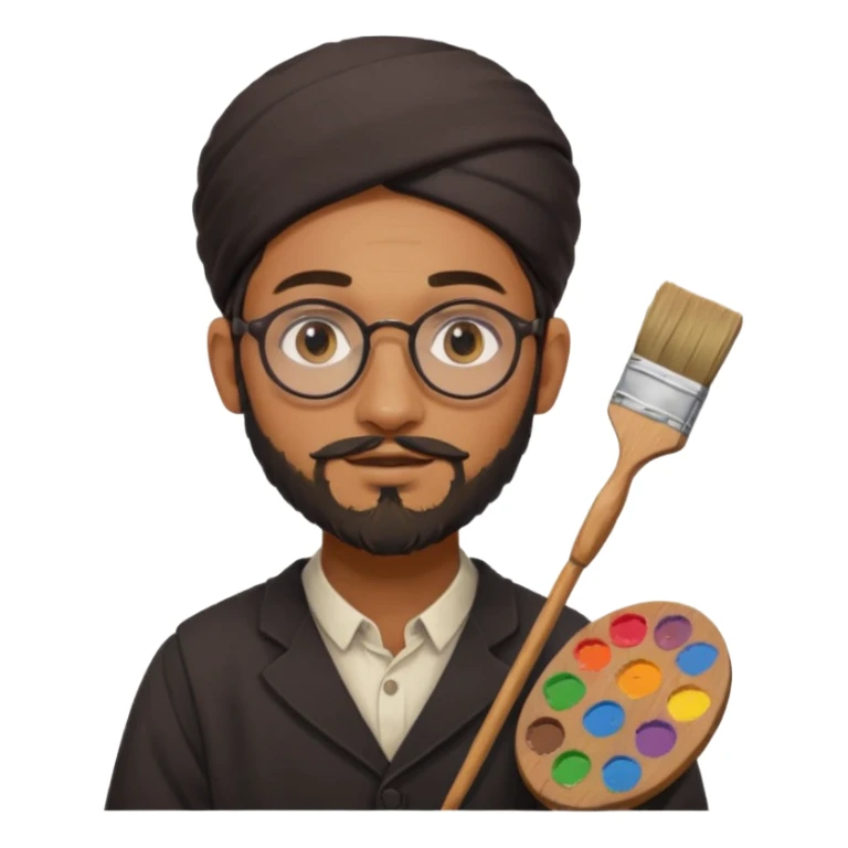 generate an ios genmoji of a 20 year old tan indian boy with rounded spectacles and a AMISH beard, carrying a paintbrush and palette sticker