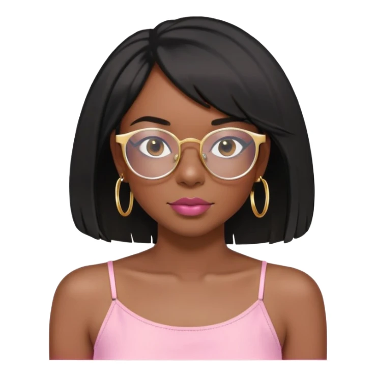 Dark Black girl with black shoulder length bob with layers. She wears clear glasses and has on small gold hoop earrings and lipgloss. Shes also wearing a light pink spaghetti strap shirt sticker