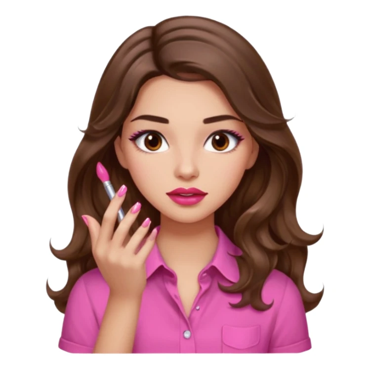 girl with long wavy brown hair, brown eyes, light to medium complexion, in a pink shirt, pink lips, long lashes, puckered lips, showing off painting long nails sticker