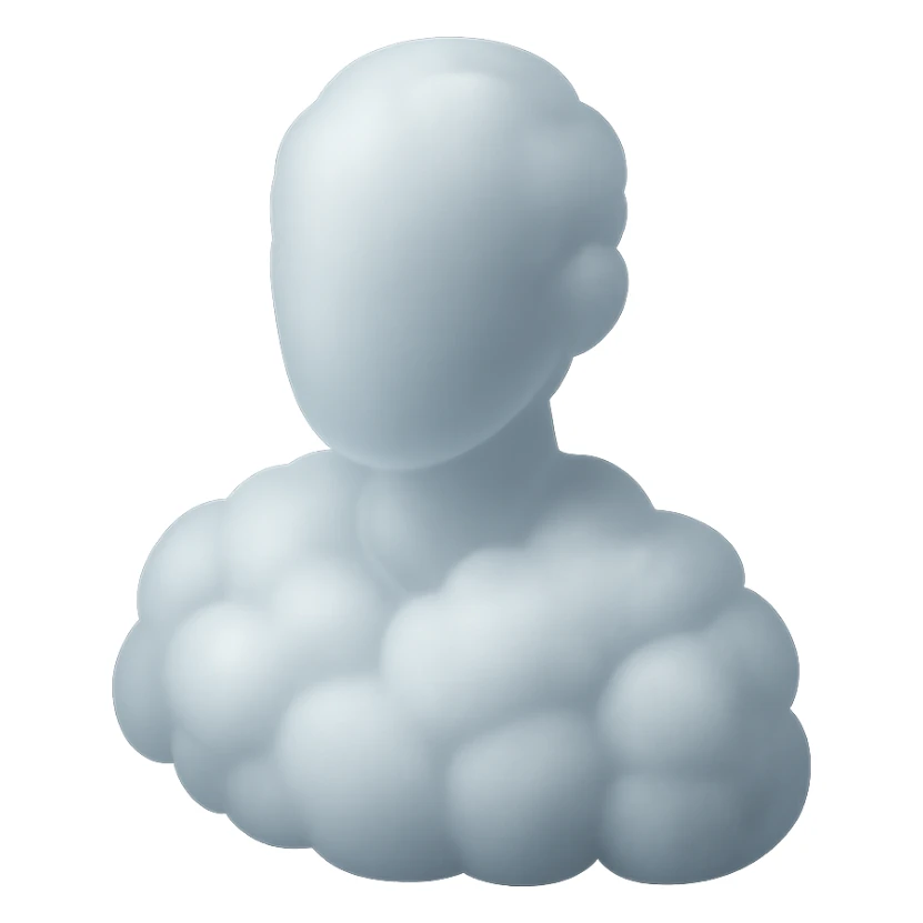 faceless person, facing straight, fully composed of white fluffy convex clouds, shoulders up, no shadows, matte glass style sticker