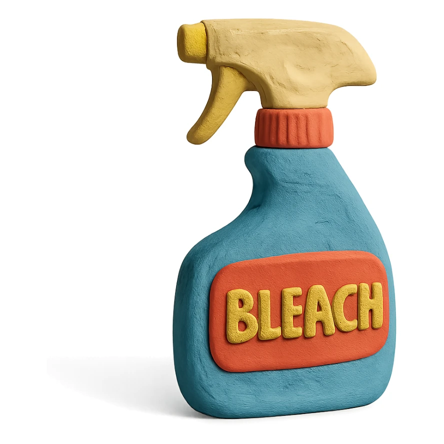 bleach spray bottle in claymation style with a bold label, playful arrangement, pastel palette sticker