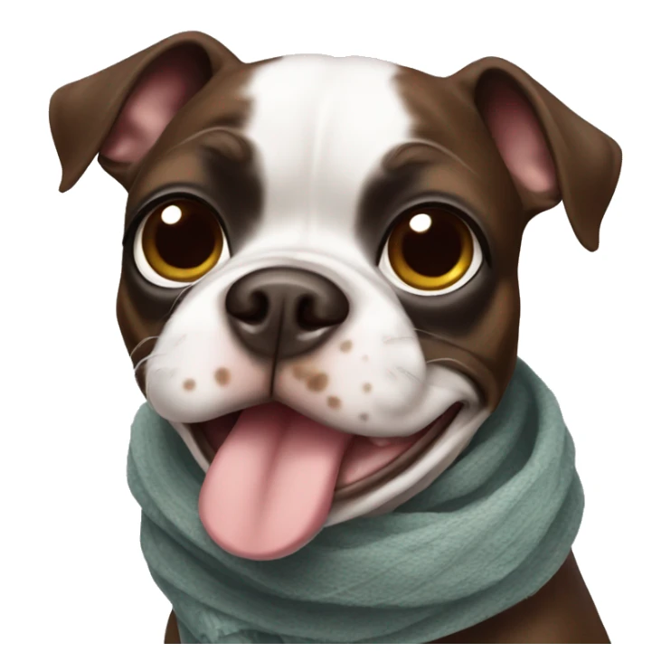 A brown spotted Boston terrier wearing scarf sticker