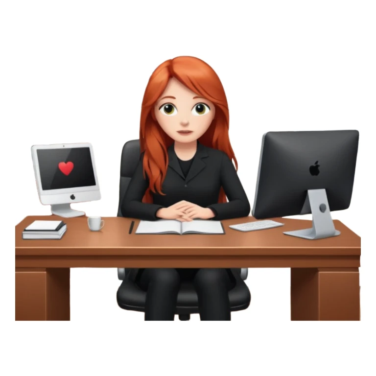 Video call therapy session: red-haired therapist with long hair wearing black minimalist clothing, seated in a professional home office, looking at the webcam; calm, modern teletherapy setting sticker