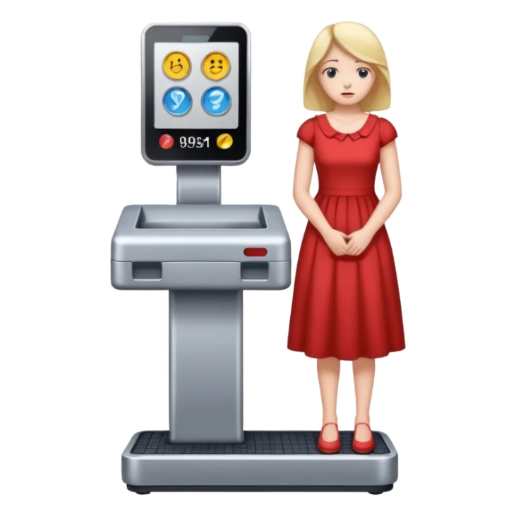 women is standing on weight check machine and she is sad because his weight is not ganaing sticker