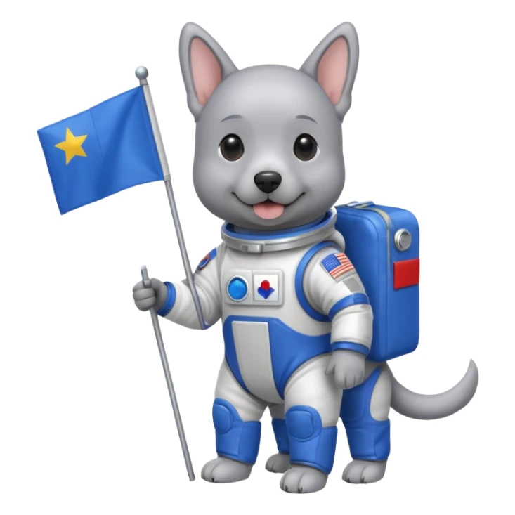a gray dog in space suit, holding blue rectangle flag, full body, front view sticker