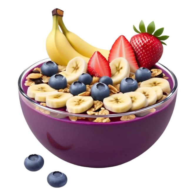 A delicious açaí bowl with a smooth, deep purple base, topped with neatly arranged banana slices, fresh strawberries, blueberries, and granola. The bowl is simple and modern, with a clean, flat illustration style. No shadows or gradients, perfect for a minimal and modern aesthetic. sticker
