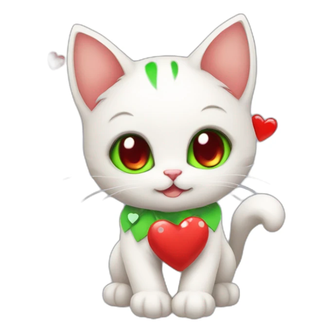Super cute kitten with green anime eyes holding red hearts sticker