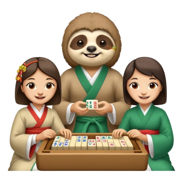A sloth playing mahjong with two asian sticker