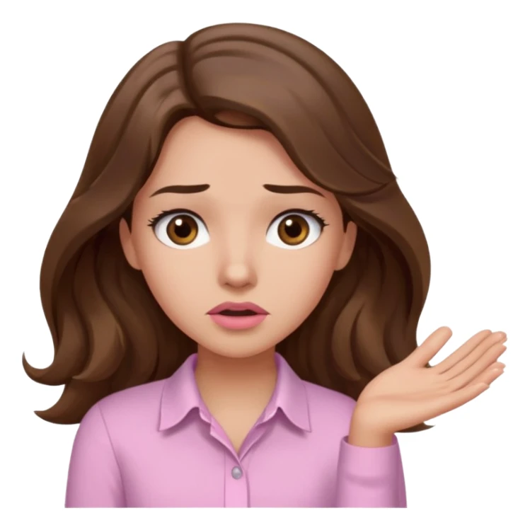 girl with wavy long brown hair, brown eyes, light to medium complexion, long lashes, light pink lipstick, wearing light pink shirt, shrugging with both hands, confused sticker