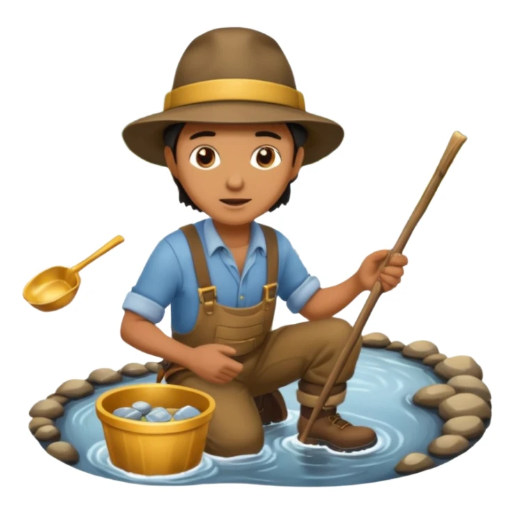 create a gold miner panning for gold near a stream sticker