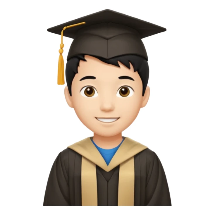 A young asian boy with black hair wide smile round eyes round nose medium thick lips in graduation gown with beige colour pants sticker