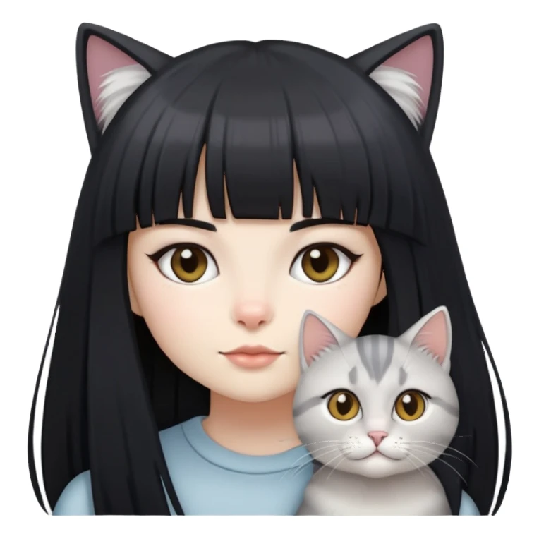 girl with long black  straight bangs hair and two light grey-shared cats sticker