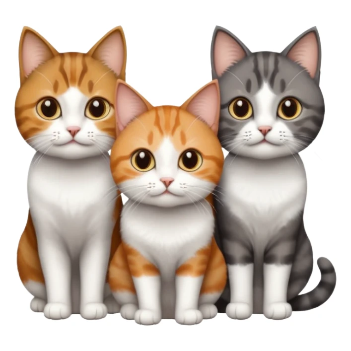 3 different coloured short haired cats including; a dark brown tabby and white cat, and a dark grey and white and a ginger and white sticker