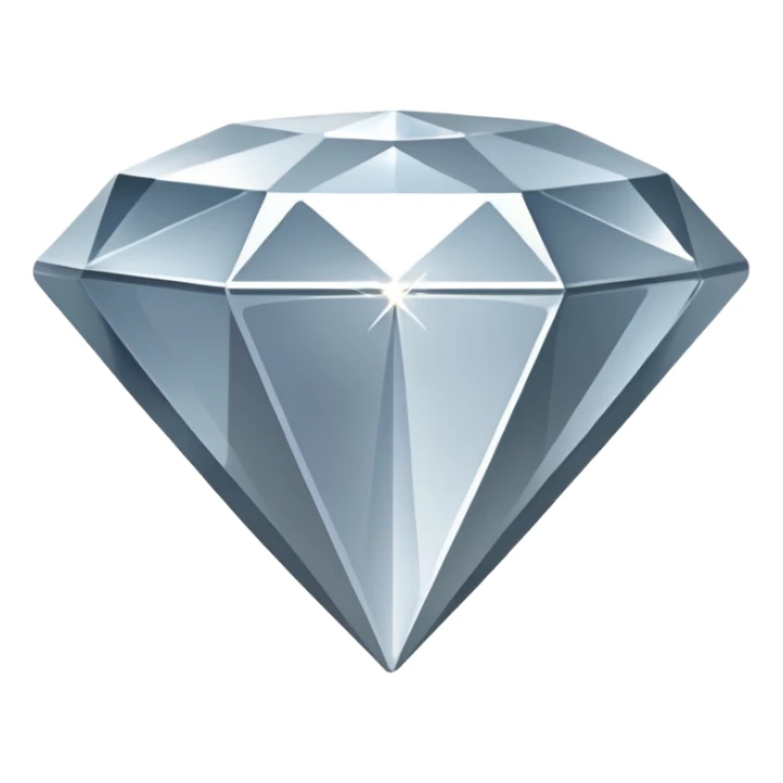 A faceted diamond emoji made of silver chrome, smooth reflective surfaces, soft metallic shine, minimalistic and clean design, iOS emoji style, centered on white background, soft studio lighting sticker