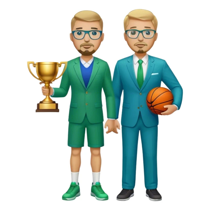 Full Body white plus size man  wearing glasses with a goatee with dirty blond short hair basketball head Coach in blue and green suit holding trophy sticker