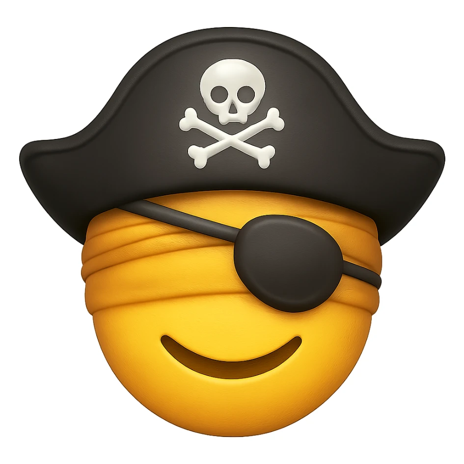 Add an eye patch over the blindfold for the pirate. Keep the pirate hat and smiling expression. Render in emoji style with transparent background. sticker