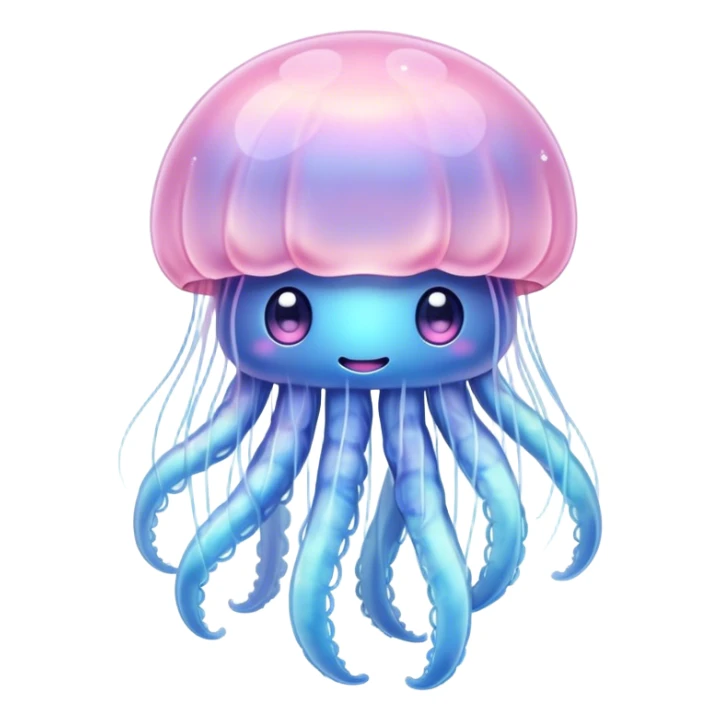 Cinematic floating kawaii jellyfish, tiny round body, soft glowing tentacles, pastel pink and blue hues, delicate sparkling highlights, dreamy and adorable. sticker