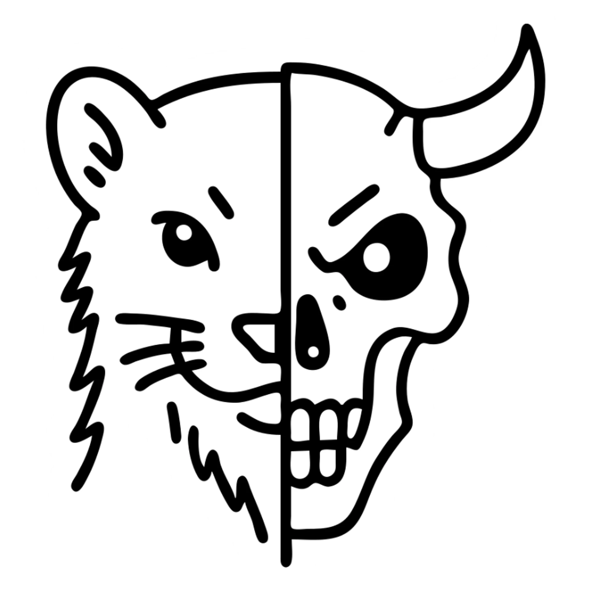 a red minimalist icon with sophisticated line art showing left half of stoat face with detailed fur merged with right half of minotaur skull with broken horn and glowing eye, no letter included, just the two halves meeting in the middle with precise detailed lines sticker