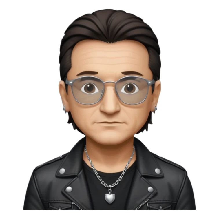 Bono with black glasses, shirt with silver necklace, black leather jacket  sticker