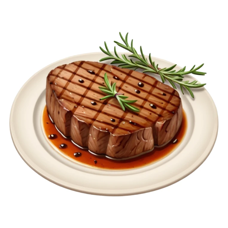 Draw a grilled steak on a plate with grill marks & rosemary garnish. sticker