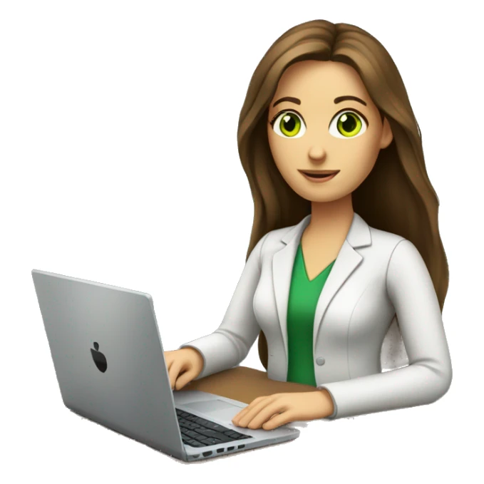 Female coding teacher featuring a laptop. She has long brunette hair, green eyes, white skin. sticker