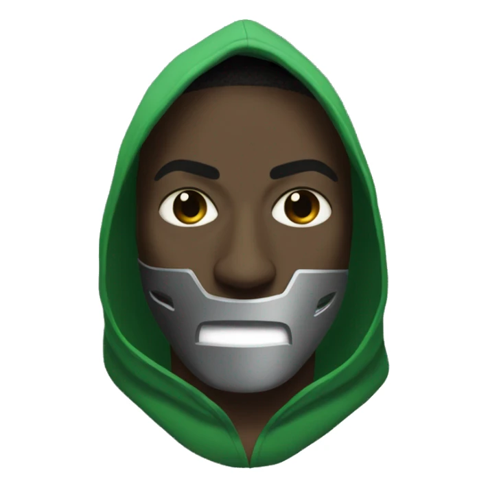 a black male with a green hoodie and mf doom mask sticker