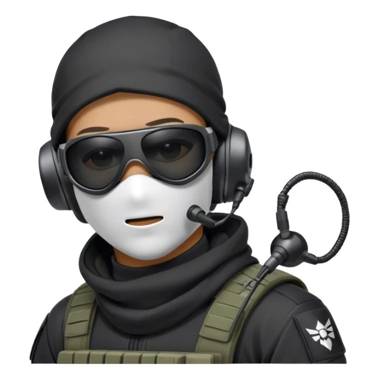 Futuristic special forces soldier wearing a white full-face balaclava, black wraparound sunglasses, and a high-tech military headset with a microphone. Dressed in a dark hoodie. sticker