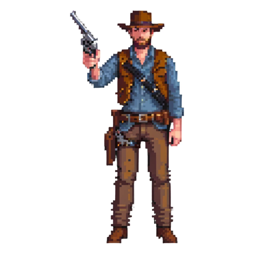 Arthur Morgan from Red Dead Redemption, holding a revolver sticker