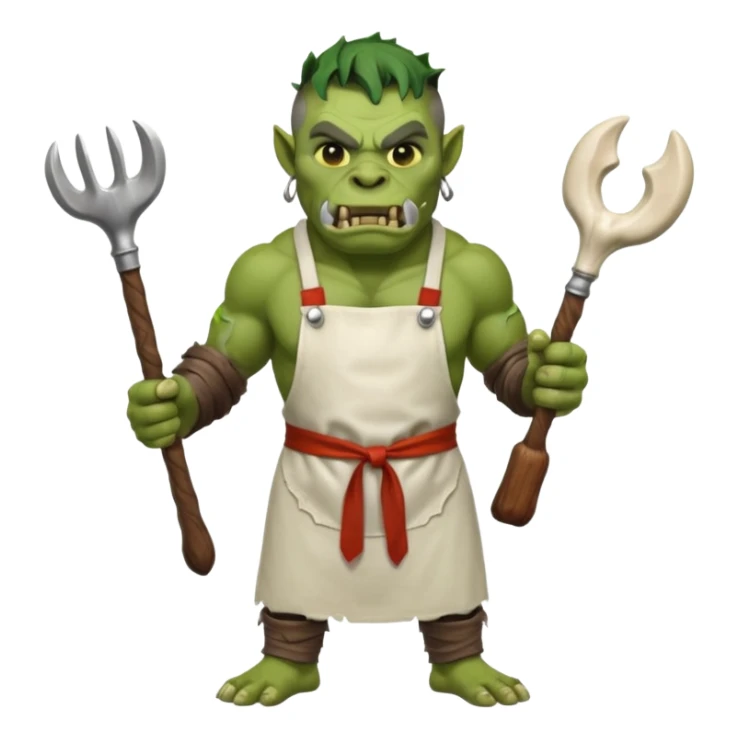 orc make Apron with "Kiss the Cook" (scratched out, replaced with "Fear the Cook"), giant rib bone as a weapon. sticker
