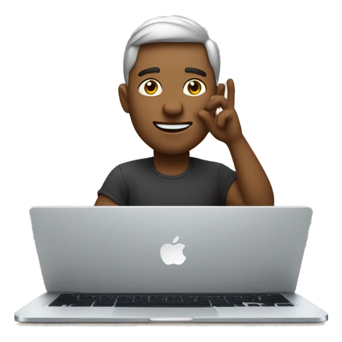 Developer looking at the camera and waving while sitting in front of the apple laptop. sticker