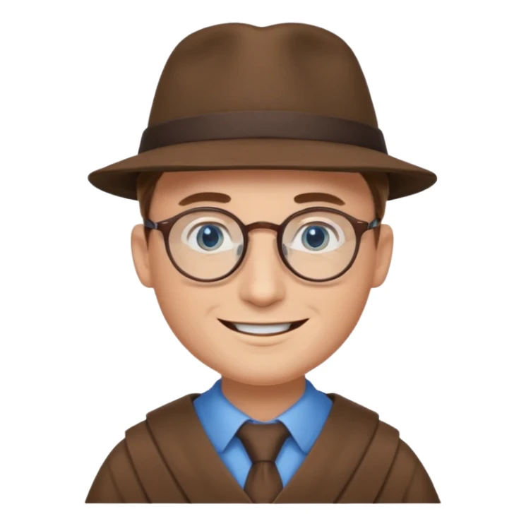 A man with sharp and thin face, brown round glasses, a brown hat and a brown costume (shoulders only), with blue eyes and a large smile on his face. sticker