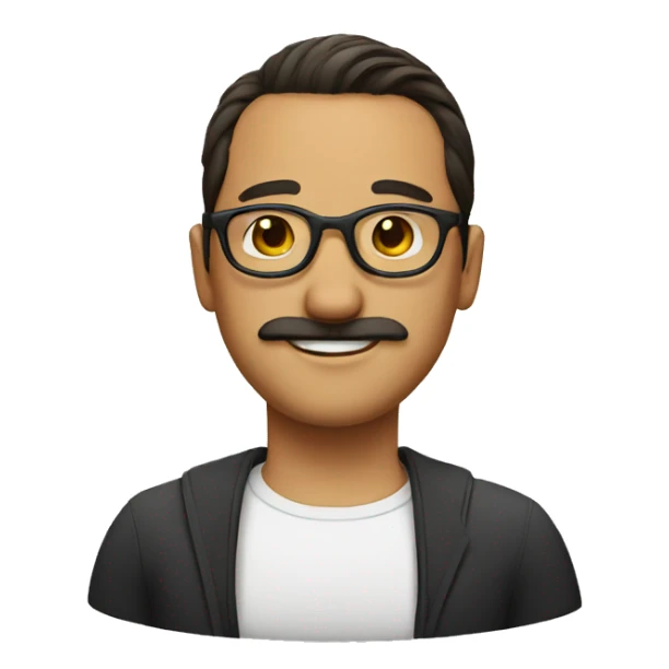 a man with a bun, round glasses and thin moustache sticker