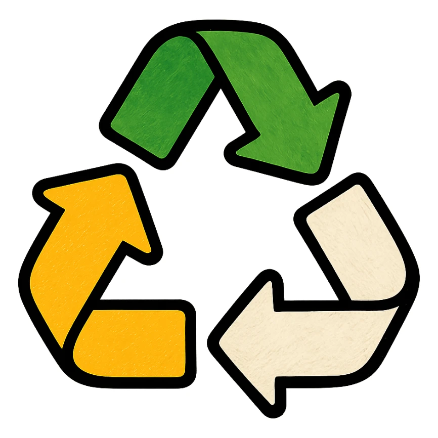 recycling arrows, modern look, green gold and white color scheme, rounded shapes, simple design sticker