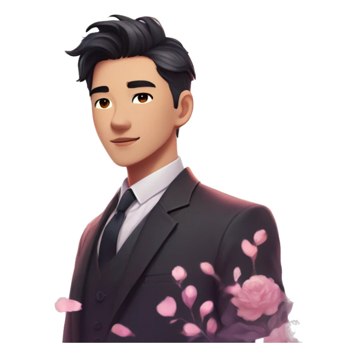 Gorgeous romantic anime style Asian formal modern gentlemanly guy with flowers and blushing face aesthetic trending style outside with colorful gradient bright light colors sticker