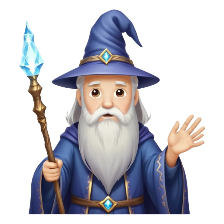 old man wizard with a beard casting a spell with a wand with sparkles and magic sticker