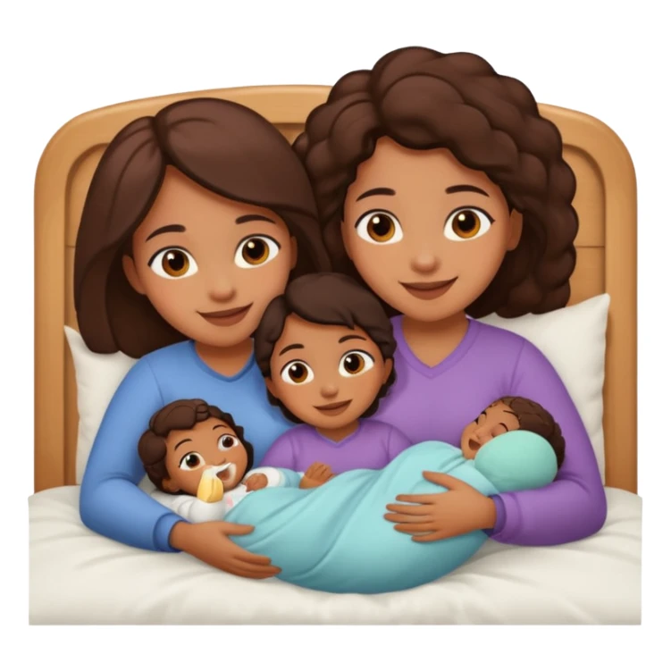 Two brown girls cuddling in bed with a baby sticker