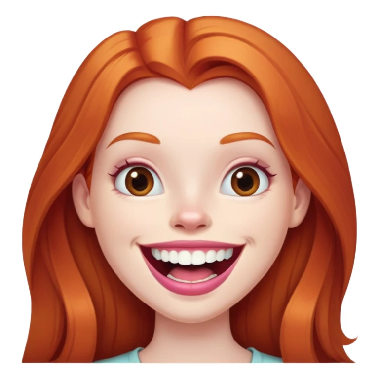 Young girl with pale skin, full pink lips smiling with big teeth, very long straight ginger red hair, bigger nose, deep brown eyes, big mouth sticker