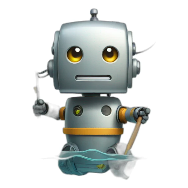 robot with fishing road sticker