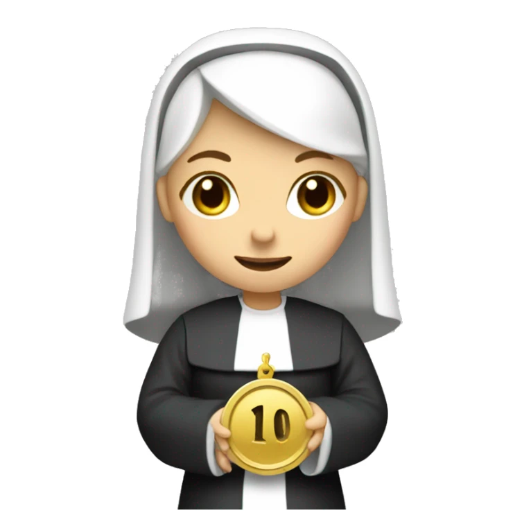 A blonde nun holding a coin with the number 10 on it sticker