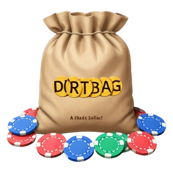 Create a bag of dirt that says dirtbag with poker chips around it sticker