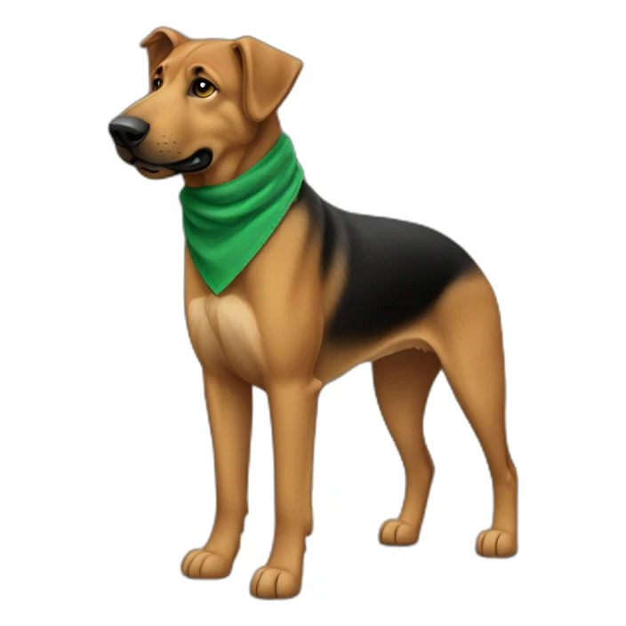 75% Coonhound 25% German Shepherd mix dog wearing small plain green bandana side view full body in profile left facing sticker