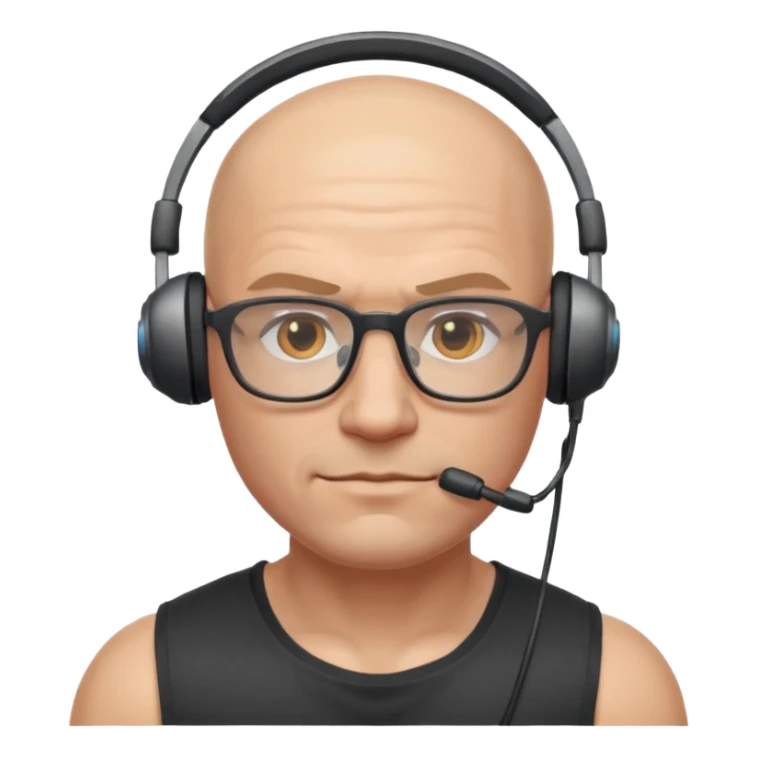 gamer with glasses, bald and muscular, with headset sticker