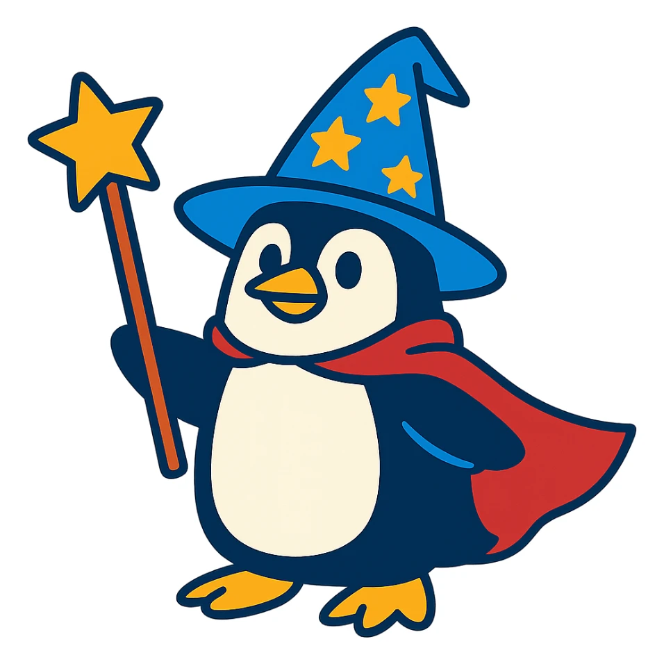 a penguin dressed as a wizard, with a pointed hat and a magic staff, in a fun and whimsical style sticker