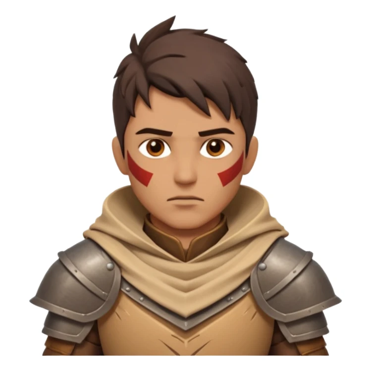 desert warrior portrait, head and shoulders only, sandy cloak collar, leather armor, intense eyes, desert fighter vibe, 3D cartoon, mobile game icon style, clean background, no text, no watermark
 sticker