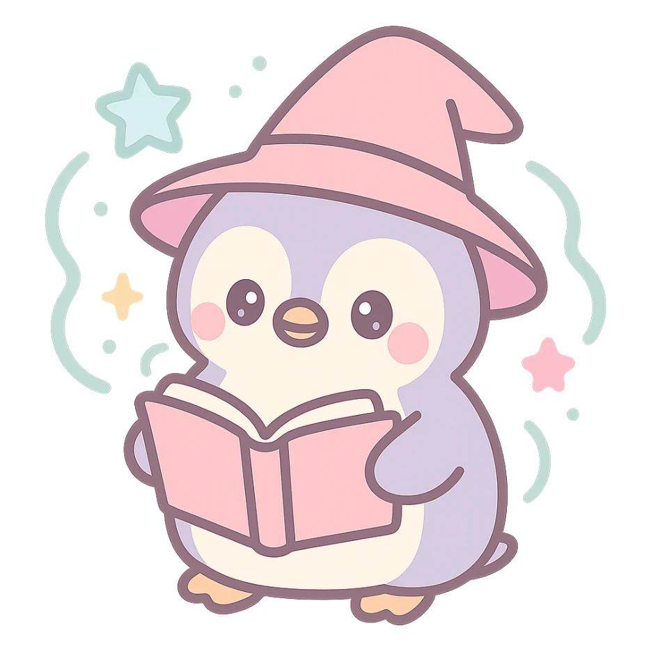 adorable penguin wizard reading a spellbook with magical aura, fantasy style sticker