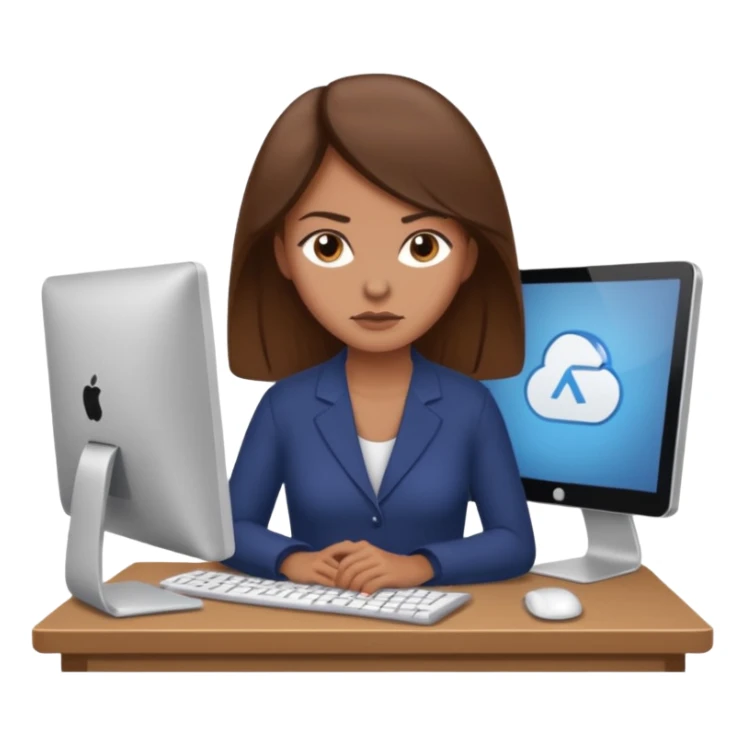 Uma mulher de cabelo castanho que é professora e um pouco brava a trabalhar no computador sem usar óculos sticker