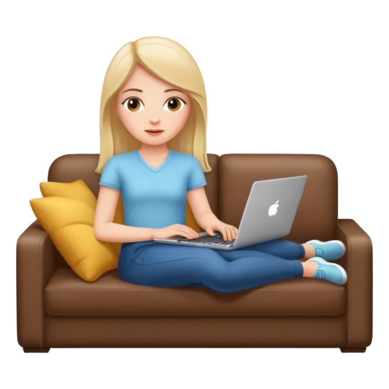 A white girl is lying on a sofa with a laptop sticker