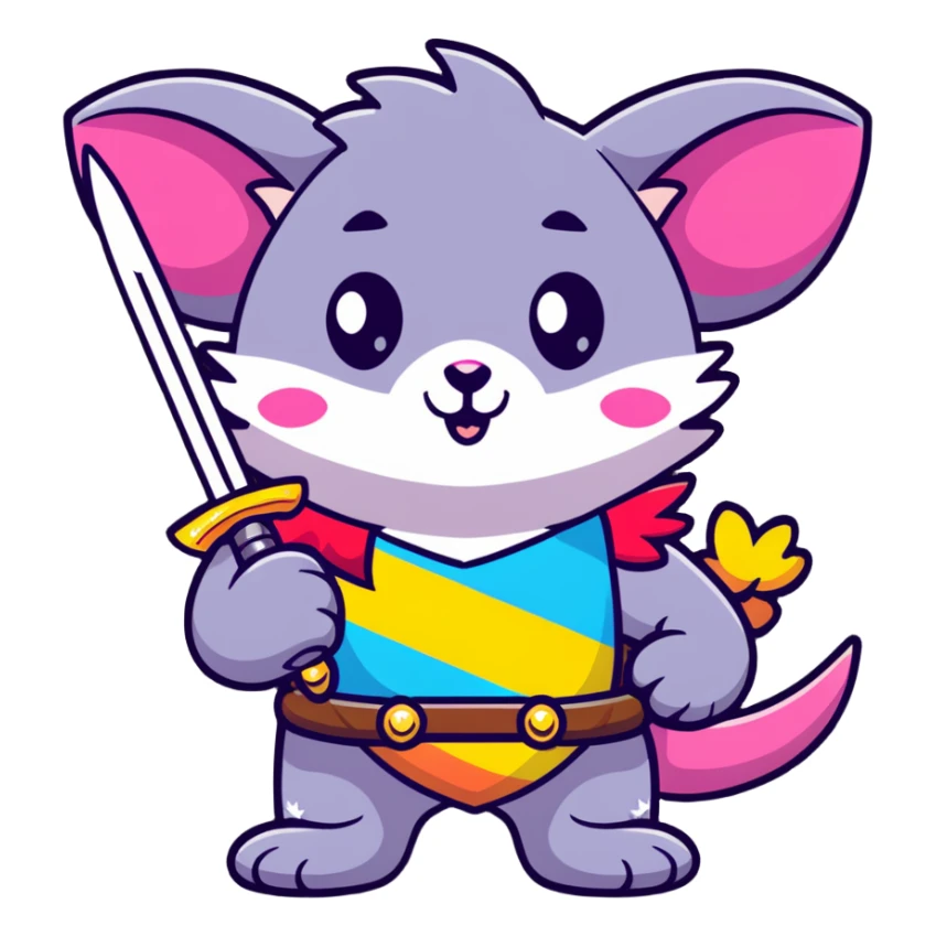 A cute pastel colored possum warrior holding a gleaming sword, with rainbow fur, sparkly eyes, and colorful stars around sticker